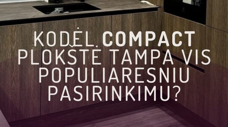 Virtuvė su compact plokštės stalviršiu ir medžio tekstūros fasadais.